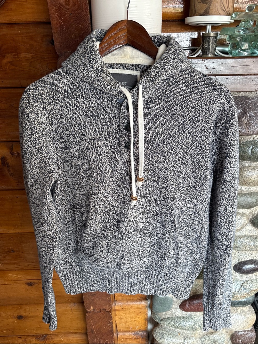 H&M L.O.G.G. Marled Knit Hooded Sweater Navy Ivory Large
